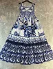 European luxury dress Blue and white porcelain sleeveless dress designed by luxury designer 100% cotton