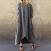 Casual Dresses Women Sping Dress Longeple's O Neck Slitt Oregelbundet hem Löst vintage Elegant fast färg plus storlek