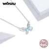 Halsband Wostu 17.9 '' 925 Sterling Silver Blue Opal Bttterfly Pendant Necklace For Women Fine Anniversary Jewets Gifts Längd Justerbar