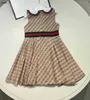 Brand girl Short dress Lapel sleeveless design child skirt Size 110-160 baby clothing Grid letter printing kids frock Jan20