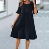 Casual Dresses Colorfast Beautiful Ruffle Flowy Hem Solid A-Line Midi Dress Breattable Crew Neck Gatawear