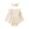 Flicka klänningar födda baby ribbad romper klänning fast färg lång ärm ruffle tutu kjol stickad bodysuit pannband set