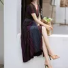 Colorful Knitted Slim Dress Vneck Gold Silk Contrasting Long-sleeved Short-sleeved Slit High Waist Pleated Gradient Waist Cross Fold Collar Skirt For Woman FZ0051