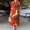 Casual Dresses Elegant Women's Chinese Style Printed Shirt Dress Autumn Lapel Långärmad enkelbröst kvinnlig 2024 Evening Robe