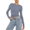 Kvinnor Autumn Slim Croped Tops Solid Color Round Neck Long Sleeve Show Navel T-shirt