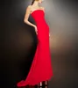 Elegant Long Red Crepe Evening Dresses With Front Slit Sheath Strapless Pleated Zipper Back Ankle Length Sweep Train Prom Dress Party Dresses for Women