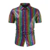 Męskie koszule w stylu Vintage z lat 70. Disco Tops B lśniące cekiny z krótkim rękawem Lapel Single Beded Blouse Man Ubranie
