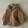 Kindermantel Frühling und Herbst Baby-Jeansjacke mit Kapuze für Jungen und Mädchen, Cord, langärmelig, lässig, 240122