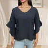 Blouses Femmes Chemise à col en V Femmes Printemps Été Top Irrégulier Manches Trois Quarts Couleur Solide Doux Pull Respirant Dame T-shirt