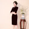 Ethnic Clothing Plus Size Female Velour Cheongsam Autumn Winter Velvet Half Sleeve Qipao Vintage Classic Mandarin Collar Chinese Dress