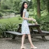 Etnische kleding zomer Chinese vrouwen avond feestjurk moderne Cheongsam korte mouw blauw kant Qipao