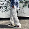 American Street Hip-Hop Heavy Industry Ripped Men's Jeans Spring Straight Loose Vibe Style Skateboard White Fleared Pants 240123