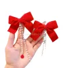 Red/Black/Pink Kids New Year Bow Hair Clips Pearl Solid Color Ribbon Baby Bows Hair Accessories for Baby Girls Handmade Bowknot Hairpin