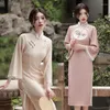 Abbigliamento etnico Autunno Flare Manica Ricamo lavorato a maglia Qipao Donne cinesi Applique in pizzo Colletto alla coreana Cheongsam Elegante abito quotidiano