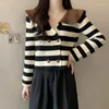 Women's Knits 2024 Spring Autumn Winter Korean Knitted Sweater Fashion Doll Neck Striped Streetwear Casual Holiday Cardigan Clothes X011