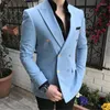 Men's Suits Elegant Light Blue Men 2 Piece Slim Fit Notch Lapel Double Breasted Groomsmen For Wedding (Jacket Pants)