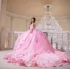 Robe De bal rose à paillettes et cristaux floraux, robes De Quinceanera, chérie, fleurs 3D, à volants, Corset, 15 robes