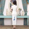 Ethnische Kleidung Chinesische traditionelle Frauen Seide Qipao Kleid Frühling kurze Ärmel weiß Cheongsam Abend Party Kleid