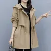 Women's Trench Coats Jmprs Patchwork Jackt Women Zipper Big Pockets Lace Up Slim Ladies Mid Length Korean Fashion Casual Solid Long Sleeve