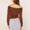 Women's T Shirts Fall Off Shoulder Crop Tops Tight Fitted Long Sleeve Strapless Fixed Belt Edge With Buckle T-shirt