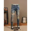 Jeans da uomo Vintage Made Old Strappato Marchio di moda Gamba dritta Slim Stretch Patch Pantaloni casual in denim di fascia alta