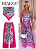 TRAFZA Women Fashion Print Blouse Pants Sets Summer Causal Headband Style Sling Top Drawstring Straight Long Pant Suit 240123