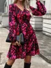 Casual Dresses Women's Long Sleeve Printed Wrap Dress Elegant midja V Neck Fuchsia Party Autumn A-Line Office Vestidos