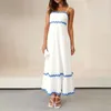 Vestidos casuais sling vestido bandeau maxi elegante feminino listrado com plissado hem espaguete cinta alta cintura sem costas noite