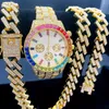 Other 3PCS for Men Women Luxury Necklace Bracelet Jewelry Set Bling Gold Silver Multicolour Diamond Cuban Chain Clock YQ240122