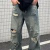 Jeans da uomo Pantaloni dritti larghi lavati effetto consumato Streetwear Gamba larga con foro strappato con tasche multiple per il luppolo