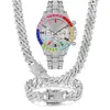 Other 3PCS for Men Women Luxury Necklace Bracelet Jewelry Set Bling Gold Silver Multicolour Diamond Cuban Chain Clock YQ240122
