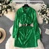 Casual Dresses Vestidos Women Turn-Down Collar Sequins Shinning Solid Color Dress for Belt Button Sleeve Spring Dropship