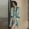 Vêtements de nuit pour femmes, chemise de nuit sexy à col en V, pyjama en satin vert clair, printemps, robe décontractée, robe de maison, 2 pièces