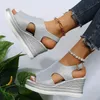 Sandales dames paillettes cuir mode couleur unie bout ouvert boucle talon compensé yoga pour femmes blanc chaussures femme Zapato