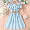 Ensembles de vêtements pour bébés filles d'âge préscolaire, robe asymétrique épaule dénudée, tenue décontractée, princesse, couleur unie, sans manches