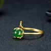 Klusterringar 24k Real Gold Plated Copper Green Jade Fish Tail Ring Women Fine Jewelry Myanmar Jadeite Justerbar Woman Jades Band