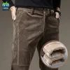 Pantalones de pana abrigados de lana de invierno para hombre, pantalones elásticos gruesos con cintura elástica, pantalones marrones clásicos coreanos, ropa de marca masculina 240122