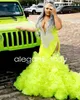 Lemon Green Sparkly Prom Ceremony Dresses for Women Luxury Diamond Crystal Ruffles kjol Evening Gown Vestidos de Fiesta