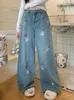 Jeans baggy feminino bordado flor calças largas perna primavera moda streetwear roupas em linha reta vintage esfregar denim 240123