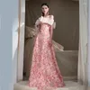 Abbigliamento etnico Donna Qipao Cheongsam Rosa senza spalline Abito da sposa da sposa Bling Paillettes Maglia da sera Festa da sogno Banchetto di lusso