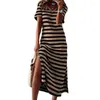 Casual Dresses Striped Dress Lightweight Elegant V Neck Summer Midi med Side Split Slim Fit Women's Office Lady Print