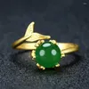 Anillos de racimo 24k chapado en oro real cobre verde jade cola de pez anillo mujeres joyería fina myanmar jadeíta ajustable mujer jades banda