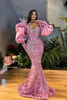 Sparkle Pink Mermaid Evening Dresses Puff Sleeves Prom Gowns Pearls Beaded Custom Made Crystals Sequined Party Dresses