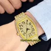 MISSFOX Eternity V319 hiphop herenhorloge met inleg van CZ-diamanten, gouden wijzerplaat, quartz uurwerk, door de mens gemaakte diamanten, legering kast en twee