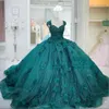 Vestidos Quinceanera verde escuro com apliques florais 3D alças frisadas espartilho costas até o chão doce 16 festa de aniversário vestido de baile plus size