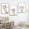 Peintures Animaux Floral Couronne Art Décor Toile Peinture Bébé Fille Impressions Animal Girafe Éléphant Lion Mur Art Photo Pépinière Affiche