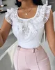 Mulheres Camisetas Camisa Mulheres Frisadas Lace Patch T-shirt Verão Tee Mulher Roupas Primavera Top Sexy Slim Tanque Feminino Skinny Pulôver Crop Tops