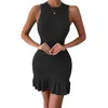 Casual Dresses Puloru Women Sticked Mini Tank Dress Solid ärmlös Crew Neck Ribbed Ruffled BodyCon Summer Fall Party Office