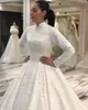 Arabiska muslimska spetspärlade spetsbollklänning bröllopsklänningar hög hals långa ärmar brudklänningar vintage sexiga bröllopsklänningar bc18105c