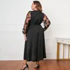 Plus size jurken damesjurken elegante V-hals geborduurde kanten mesh midi met lange mouwen riem voor hoge taille wikkelzoom